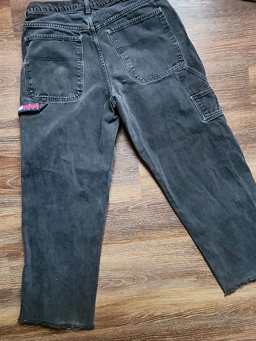 VTG Y2K TOMMY HILFIGER Baggy Wide Leg Carpenter Black Jeans Raw Hem Sz W36x32